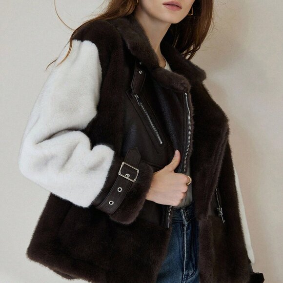 Brown Casual Women's Lapel Zipper Faux Fur colorblock Jacket - Picture 4 of 6